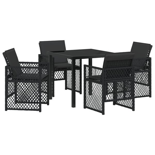 Ensemble de salle à manger de jardin de 5 pièces avec coussins noir en poly rattan