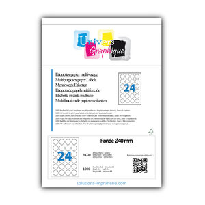 Lot de 1000 planches a4 de 24 étiquettes à bords vifs rondeø40 mm en papier blanc 70g/m² multifonction
