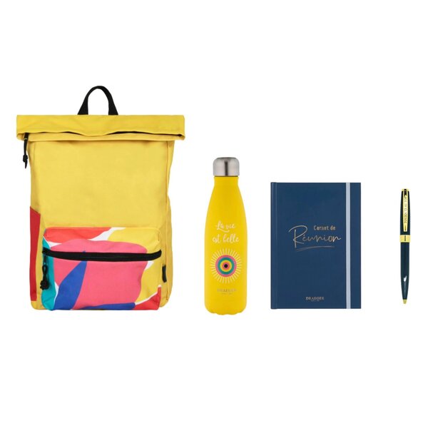 Kit De Rentrée Au Bureau : Sac À Dos 2 En 1 Jaune  Carnet De Réunion A5  Gourde Inox Jaune  Stylo - Draeger paris