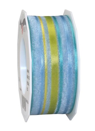 Organza à rayures laitonné mauritius 20-m-rouleau 40 mm bleu ciel/vert citron