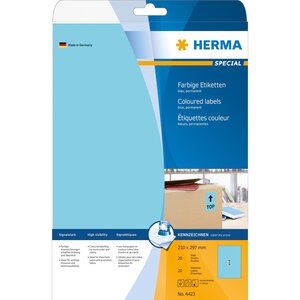 Étiquettes superprint, 210 x 297 mm, sans bord, bleu, 20 feuilles a4 herma