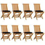 vidaXL Chaises de jardin et coussins noir lot de 8 Bois de teck massif