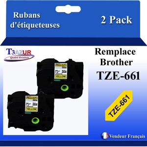 2x Rubans d'étiqueteuses compatibles avec Brother Tze661 Tze-661 pour étiqueteuses P-touch - Texte noir sur fond jaune