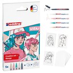 Edding Acrylique Manga Set Pack de 4 Feutres 5300 + 1 Feutre 1800 + 6 Cartes Vierges + 3 Gabarits + 1 Livret avec Instructions - Couleurs Assorties