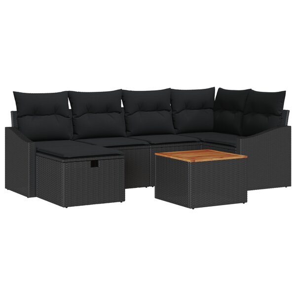 vidaXL Set de canapé de jardin 7 pièces avec coussins en poly rattan noir