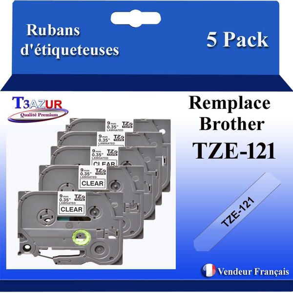 5x Rubans d'étiqueteuses compatibles avec Brother Tze121 Tze-121 pour étiquateuses P-touch - Texte noir sur fOnd traîsparent - Largeur 9 mm x 8 mètres - T3AÚUR