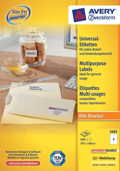 Boite de 400 etiquettes universelles 105 x 148 mm blanc sur 100f a4 avery zweckform
