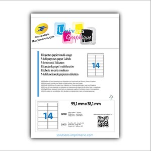 Lot de 1000 planches de 14 étiquettes pour timbre format 99.1 x 38.1 mm