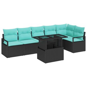 vidaXL Ensemble de canapé de jardin 7 Pièces Noir et Bleu polyrotin