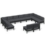 vidaXL Salon de jardin 12 Pièces avec coussins Noir Bois de pin solide