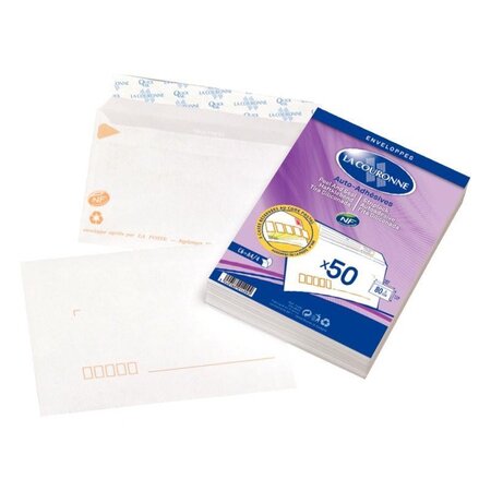 Enveloppe blanche LA COURONNE Paquet 50 pré-casées auto-adhésives 80 grammes format 114x162