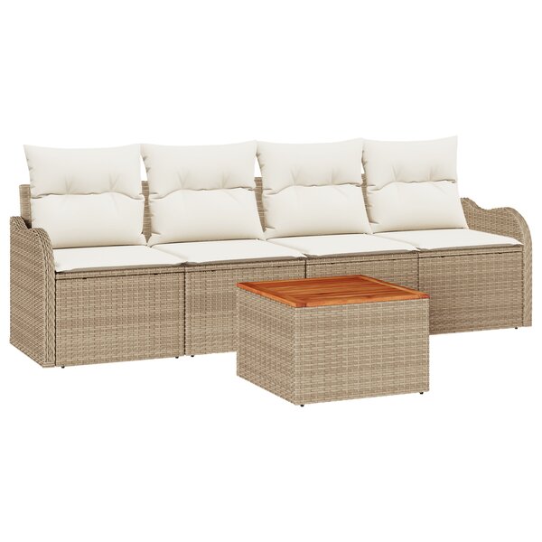 Ensemble de canapé de jardin 5 pièces avec coussins Beige Poly Rattan Acacia