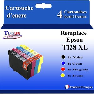 T3AZUR- 4x Cartouches Compatibles avec Epson T1281 T1282 T1282 T1284 remplace Epson Stylus Office BX305F BX305FW S22 SX125 SX130 SX230 SX235W SX420W SX425W SX430W SX435W SX438W SX440W SX445W