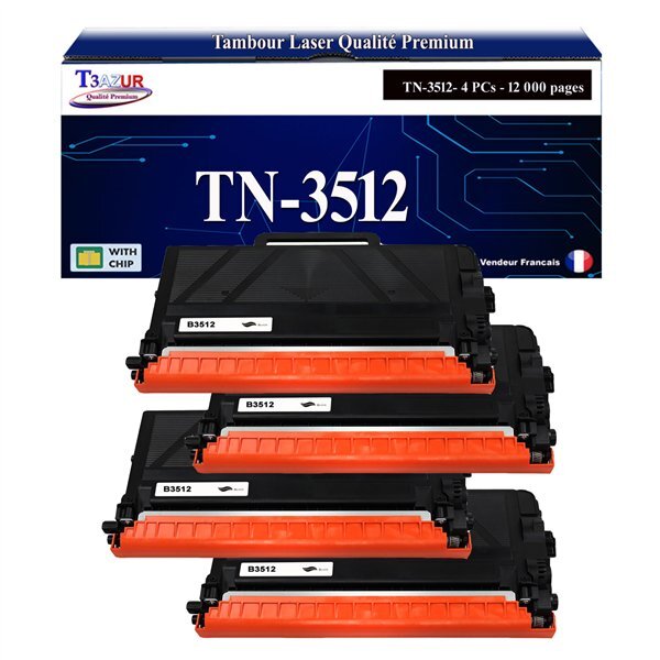 T3AZUR - 4x Toners compatibles avec Brother TN3512 pour Brother HL-L6250DN  HL-L6300DW  HL-L6300DWT  HL-L6400DW  HL-L6400DWT  HL-L6400DWTSP  HL-L6400DWTT  HL-L6450DW Noir - 12 000 pages