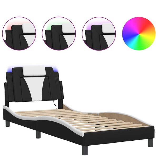 vidaXL Cadre de lit avec lumières LED noir blanc 90x200 cm similicuir