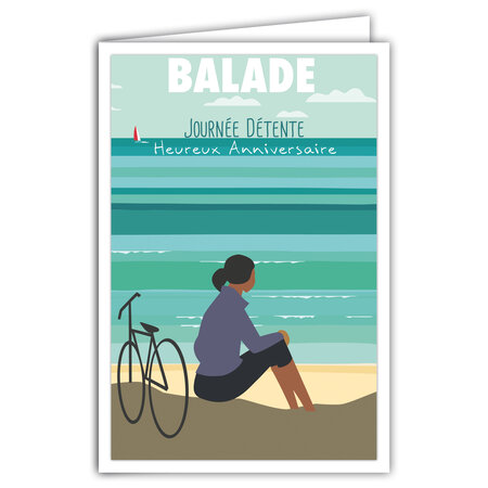 Carte Heureux Anniversaire - Enveloppe - pour Jeune Fille ou Femme - Mini Posters Format 17x11 5cm - Vélo Balade Promenade à Bicyclette Plage Rétro Vintage - Fabriquée en France