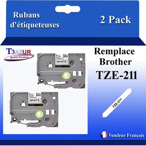 2x Rubans d'étiqueteuses compatibles avec Brother Tze211  Tze-211 pour étiqueteuses P-touch - Texte noir sur fond blanc - Largeur 6 mm x 8 mètres - T3AZUR