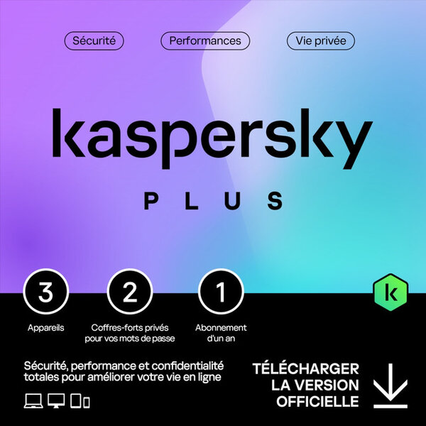 Kaspersky Plus - Licence 1 an - 3 appareils - A télécharger