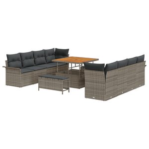 Ensemble de Canapés de Jardin 11 Pièces avec Coussins Gris Poly Rattan Acacia