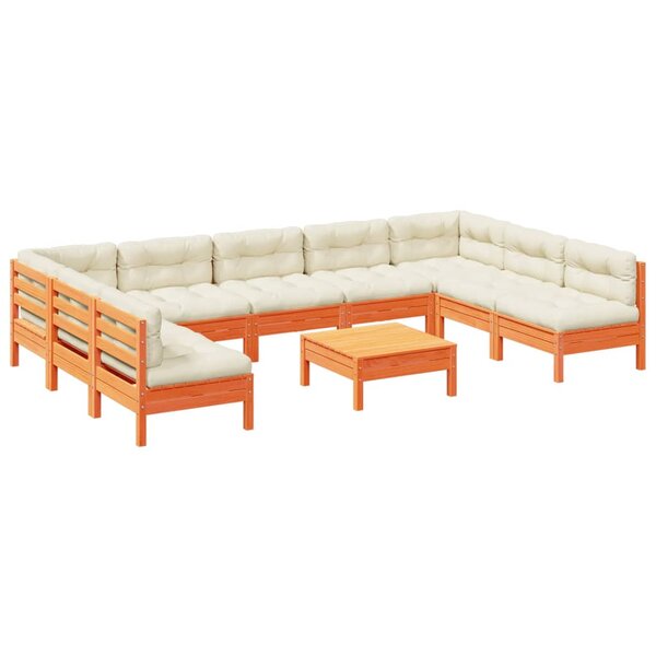 vidaXL Salon de jardin 10Pièces avec coussins cire marron bois pin massif