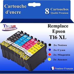 T3AZUR- 8x Cartouches Compatibles avec Epson 16XL 16 XL remplace Epson WF2010W WF2510 WF2520 WF2530 WF2540 WF2630 WF2650 WF2660 WF2750 WF2760