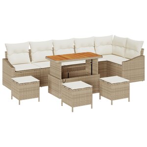 Set de 10 Pièces de Sofa de Jardin avec Coussins Beige Poly Rattan Acacia
