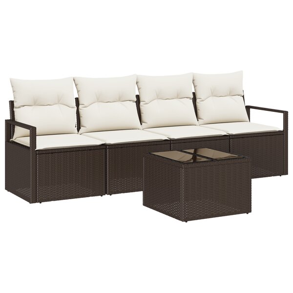 Ensemble de canapés de jardin de 5 pièces avec coussins Marron Poly Rattan