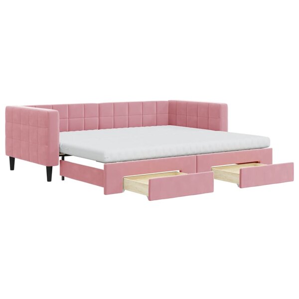 vidaXL Lit de jour avec gigogne et tiroirs rose 90x200 cm velours