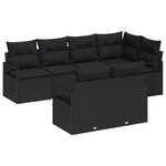 Canapé de jardin 7 pièces avec coussins en rotin noir