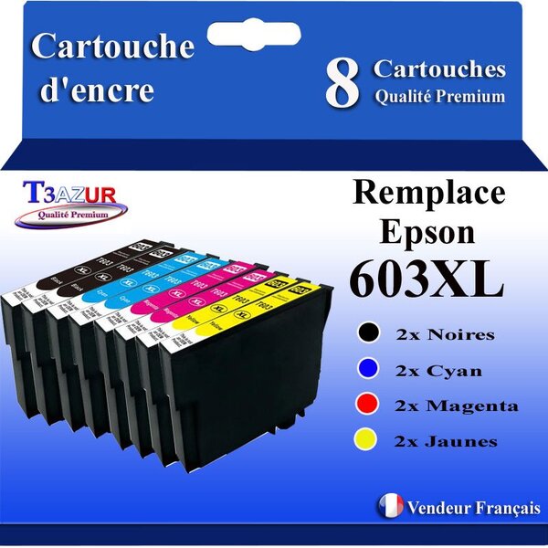 T3AZUR - 8 Cartouches Compatibles avec Epson 603 603XL Noire pour Epson Expression Home XP-2100 XP-2105 XP-3100 XP-3105 XP-4100 XP-4105 XP-4150 Workforce WF-2810 WF-2830 WF-2835 WF-2850 WF-2870