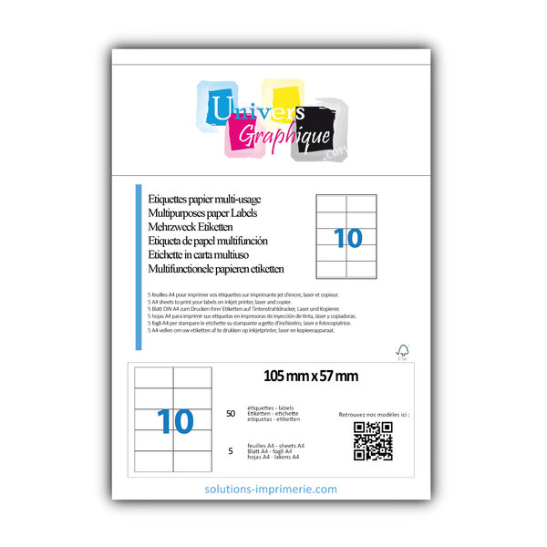 Lot de 5 planches a4 de 10 étiquettes à bords vifs 105 x 57 mm en papier blanc 70g/m² multifonction