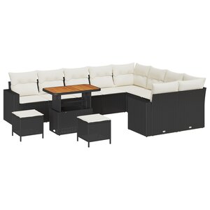 Ensemble de canapé de jardin 12 pièces avec coussins noir poly rotin