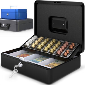 ACROPAQ Caisse à monnaie Acier - 3 Compartiments à monnaie - Coffret monnaie à 2 clés Monnayeur et Poignée de transport robuste