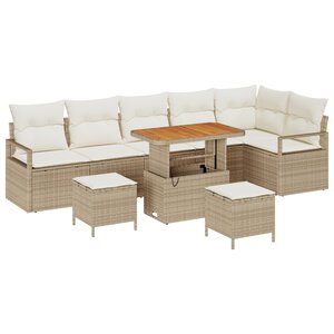 Ensemble de Canapé de Jardin de 9 pièces avec Coussins Beige en Poly Rattan Acacia