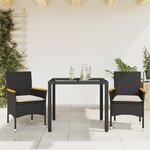 vidaXL Ensemble à manger de jardin et coussins 3 Pièces noir rotin verre