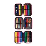 Trousse à crayons Milan Fun Animals à 3 niveaux avec gomme  taille-crayon  crayon  3 stylos à bille  règle  12 crayons de couleur  6 crayons fluorescents  5 crayons fluorescents  ciseaux et 18 marqueurs - Rose/Violet