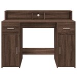 Bureau table poste de travail meuble d'ordinateur informatique étude et lumières LED chêne bois d'ingénierie brun 02_0023795