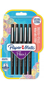 Paper Mate Flair Original - 5 Feutres - Noir - pointe moyenne 0.7 mm Sous blister