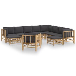 vidaXL Salon de jardin 12 Pièces avec coussins gris foncé bambou