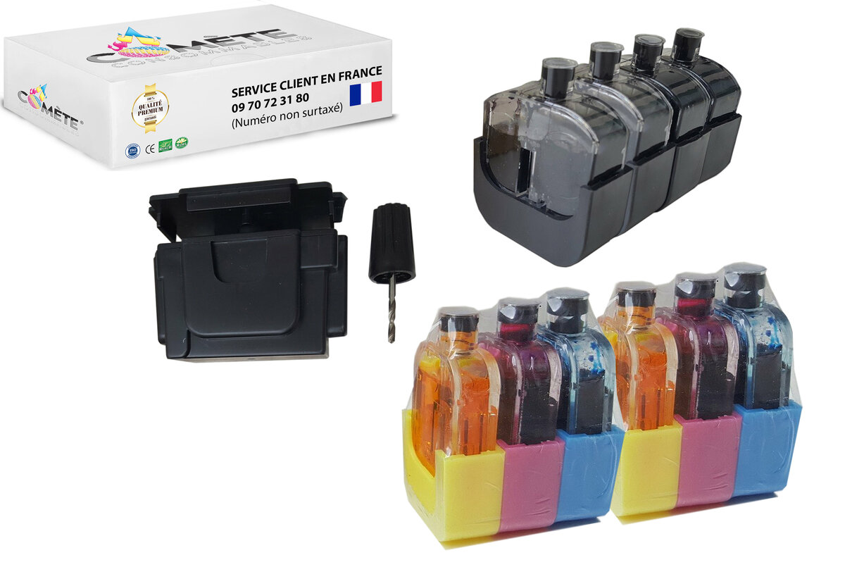 refill24 Kit de recharge compatible pour cartouches d'encre HP 301/301 XL  avec flacons d'encre noire et couleur de haute qualité avec clip et