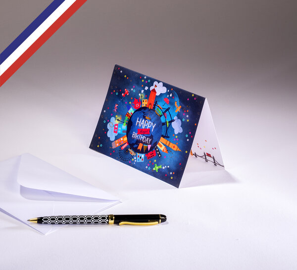 Carte double gourmandiz créée et imprimée en france sur papier certifié pefc - happy birthday - around the world