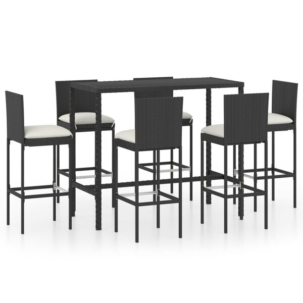 vidaXL Ensemble de bar de jardin 7 Pièces et coussins Résine tressée Noir