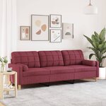 vidaXL Canapé 3 places avec oreillers décoratifs bordeaux 210 cm tissu