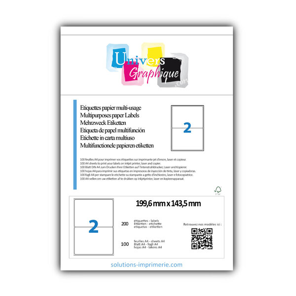 Lot de 100 planches a4 de 2 étiquettes à bords ronds 199 6 x 143 5 mm en papier blanc 70g/m² multifonction