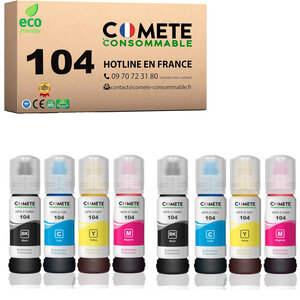 COMETE, Entreprise Française- 104- pack 8 Recharges Ecotank Compatibles EPSON