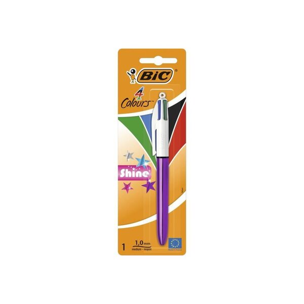 BIC 4 Couleurs Shine Stylo-Bille Rétractable Pointe Moyenne (1,0 mm) - Corps Assortis Métallisés, Blister de 1