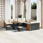 Set de canapé de jardin 13 pièces avec coussins noir poly rotin acacia
