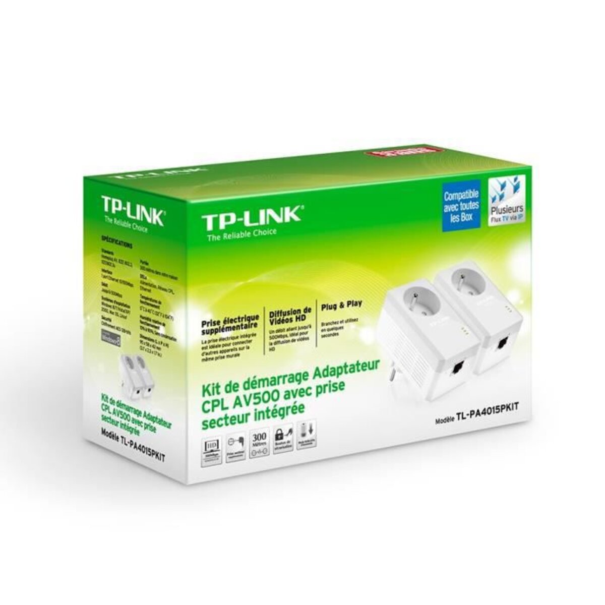TP-Link CPL 600 Mbps, 1 Port Fast Ethernet, Prise Intégrée Version  Française, Pack de 2 CPL , Compatible avec toutes les Box, Plug and Play,  Idéal pour IPTV et Media Streaming, TL-PA4015P