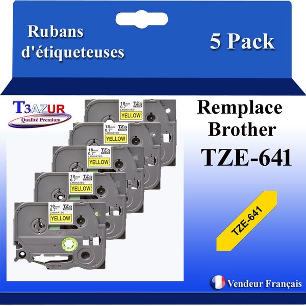 5x Rubans d'étiqueteuses compatibles avec Brother Tze641 Tze-641 pour étiqueteuses P-touch - Texte noir sur fond jaune