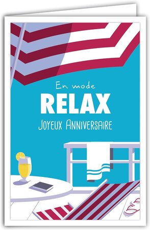 Carte Joyeux Anniversaire avec Enveloppe - Mini Posters Format 17x11 5cm - Relax Cool Détendu Bain de Soleil Transat Chaise Longue Rayures Parasol Rétro Vintage - Fabriquée en France